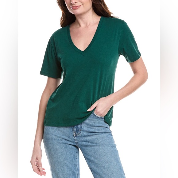 Vince Elbow Sleeve Linen-Blend T-shirt In Green - Picture 1 of 3